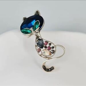 Cat Brooch with Blue and Green Crystals, NWT